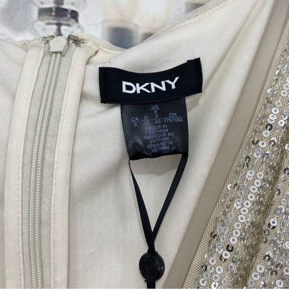 DKNY Size 8 Silver 3/4 Sleeve Sequin Surplice Dress Belted Fit & Flare Cocktail - Picture 12 of 14